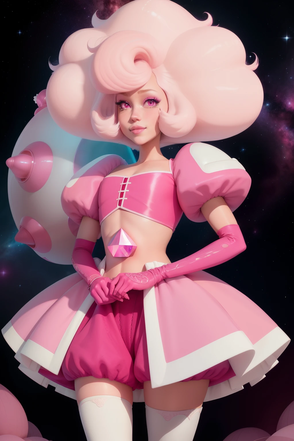 pnkdamond, pink hair, pink eyes, big hair, stomach gem, pink skin, toned,
puffy short sleeves, elbow gloves , white thighhighs, puffy dress,
standing, upper body,
outerspace,
(insanely detailed, beautiful detailed face,beautiful detailed eyes, masterpiece, best quality) cinematic lighting, smile,