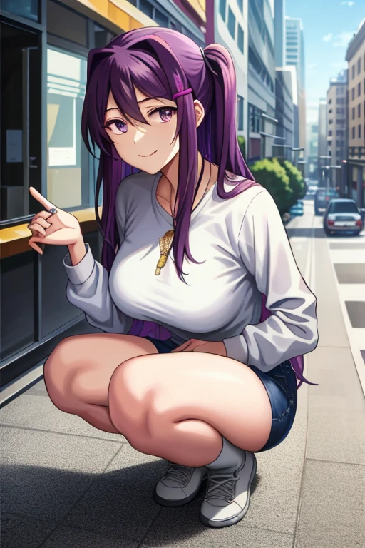 2d, masterpiece, best quality, anime, highly detailed, 1girl, solo, yuri, purple eyes, purple hair, hair between eyes, hairclip, tall, (large breasts:0.8) shy smile, outdoors, , squatting:1.2, cowboy shot, looking at viewer, street city background