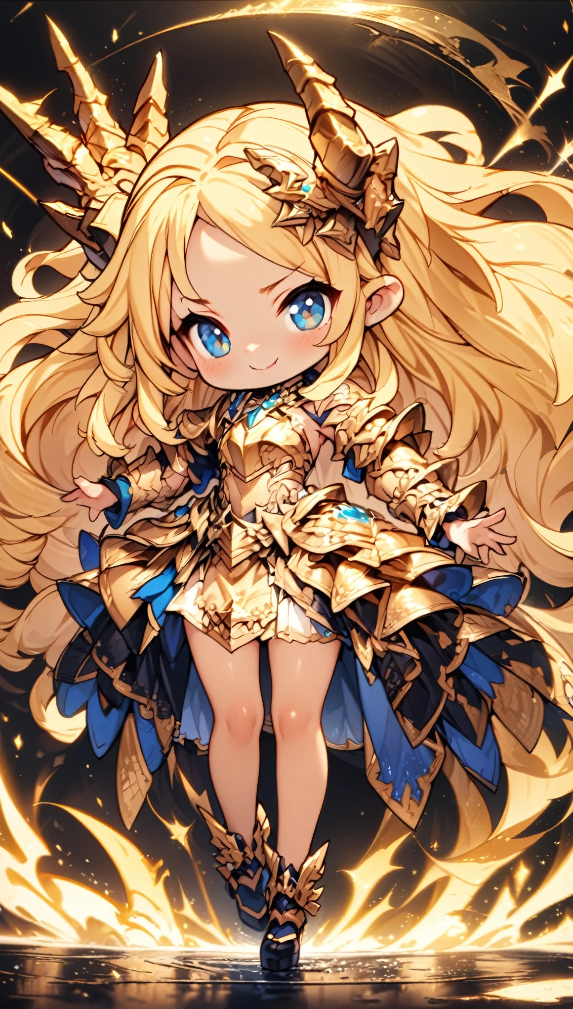 masterpiece、Best Quality、Very detailed、High resolution、Japanese anime、1girl、chibi character, Blonde Hair、(Medium length hair:1.4)、Side braid hair、Curly Hair、Wavy Hair、Drill Hair、Curly Outward Hair、Dragon Horn、(blue eyes:1.5)、(Beautiful detailed eyes:1.4)、Laughter、、3 heads、original character、Fantasy、(Black Background:1.2)、(full body:1.8)、Beautiful fingers、Are standing、(Gold Lace Frill Armor Dress:1.5)、(Jeweled Headgear:1.5)、Photographed from the front、View your viewers