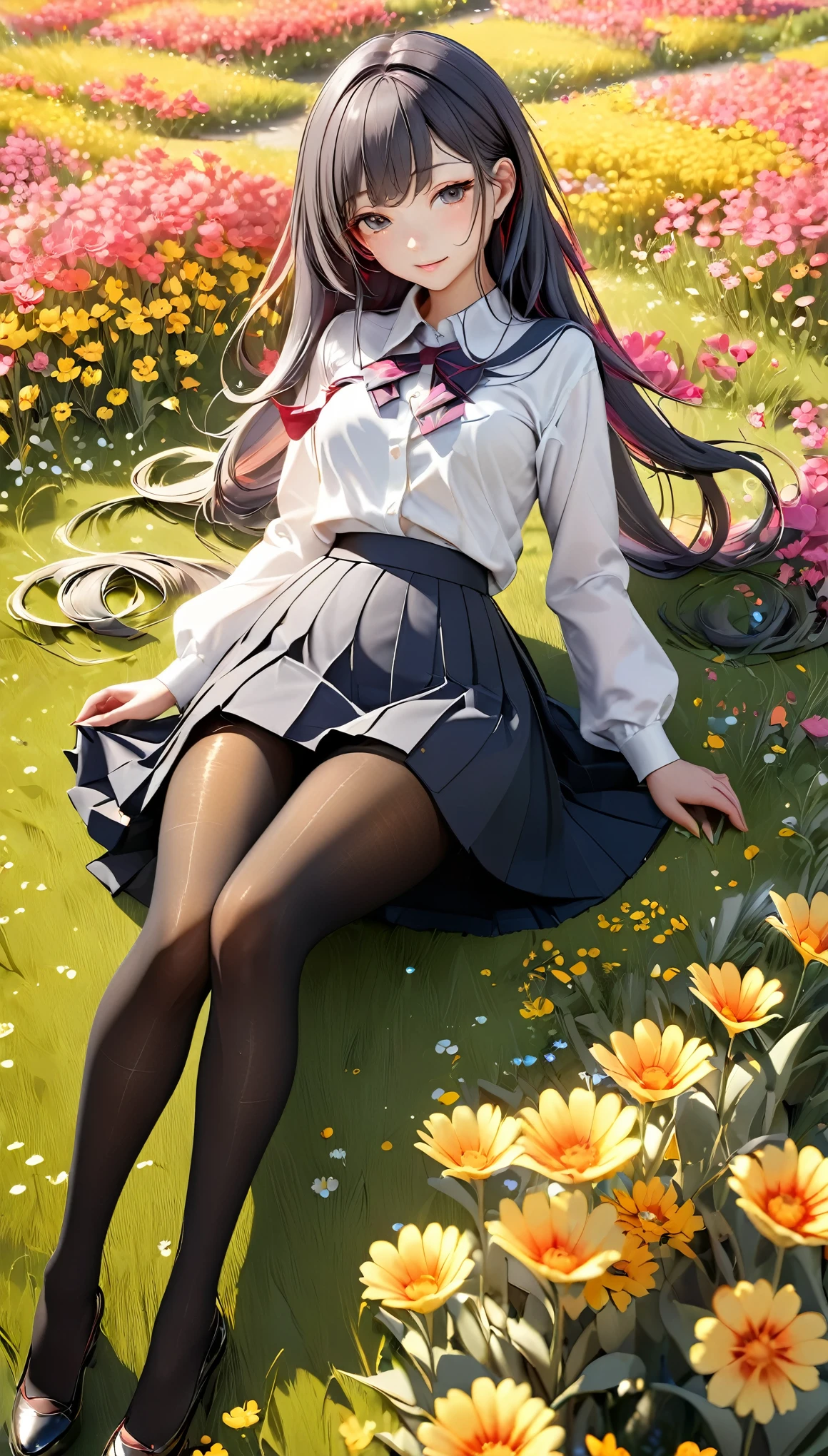 (masterpiece), (best quality), (Very detailed),Black pantyhose, skirt, long legs, permanent,  Flower Field, Octane Render,
