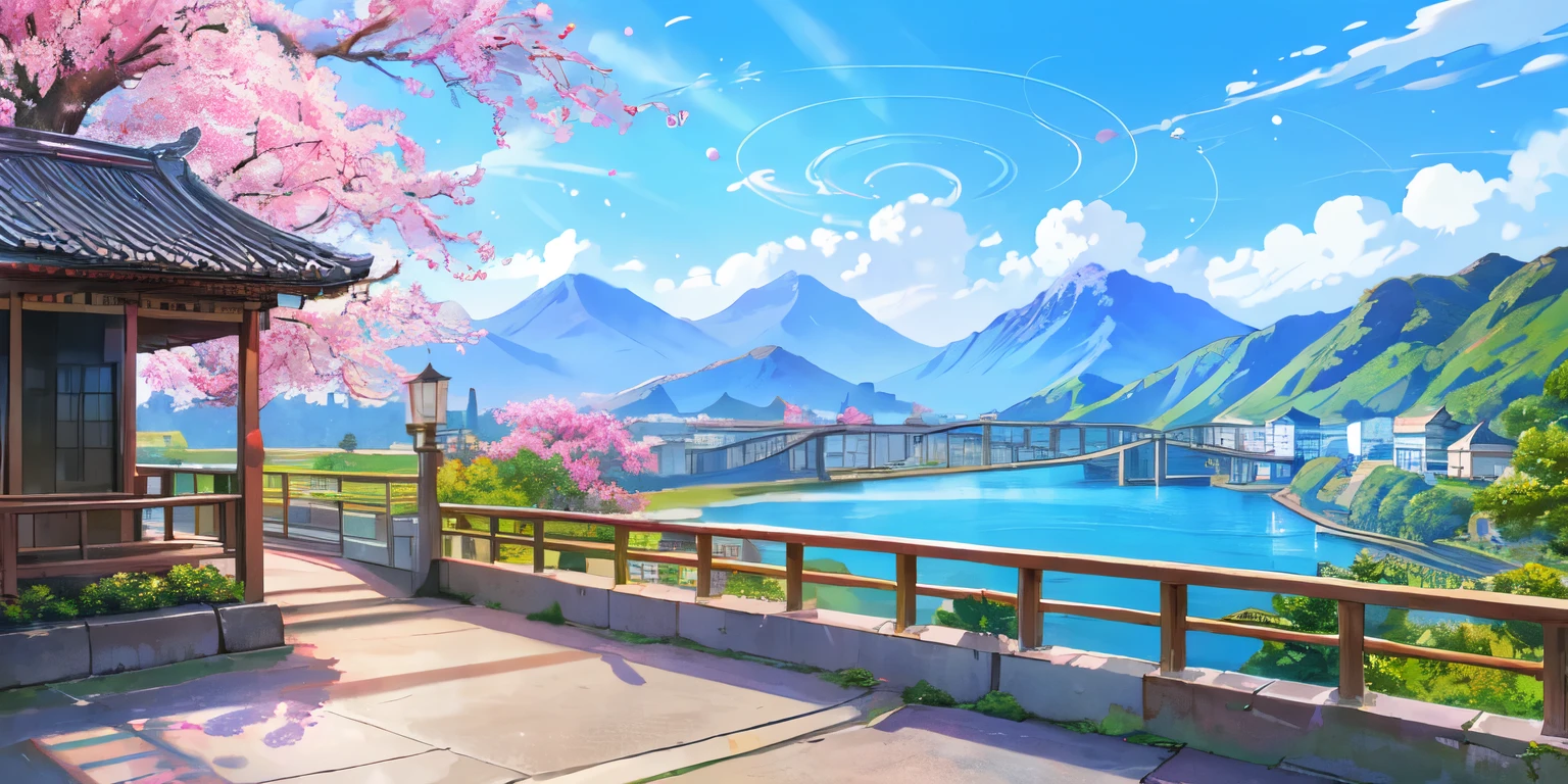 (masterpiece:1.2),best quality,blue archive background,
scenery,no humans,sky,cloud,architecture,east asian architecture,outdoors,day,tree,blue sky,bridge,building,cherry blossoms,mountain,railing,cityscape,rooftop,city,sunlight,
