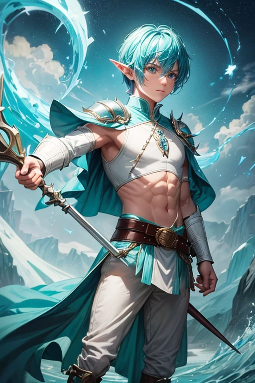 30 year old elf man with short spiky bluish turquoise hair, short messy hairstyle with fringes, pointed elf ears, white medieval priest armor clothing with light turquoise decorations, turquoise eyes holding a spear and trident, brown boots, brown leather belt, wave ornaments on the belt, forest background with magic symbols