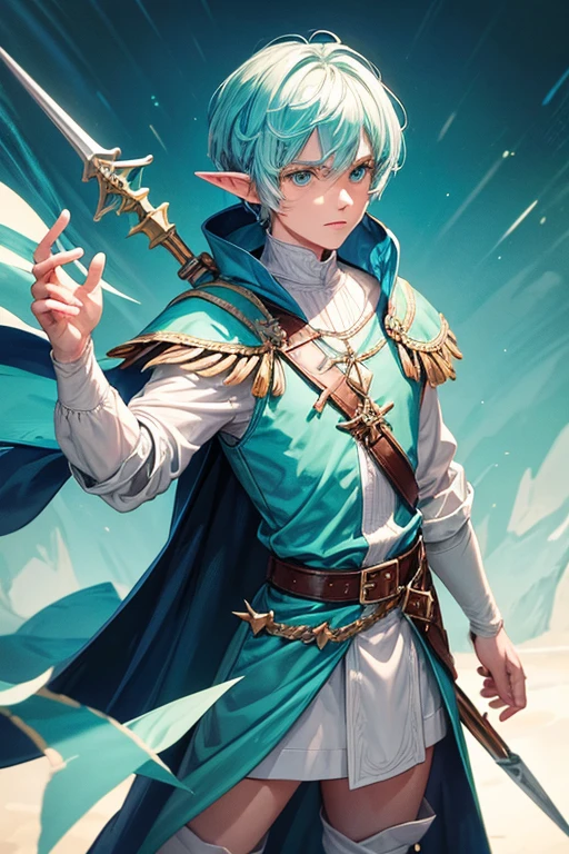 30 year old elf man with short spiky bluish turquoise hair, short messy hairstyle with fringes, pointed elf ears, white medieval priest armor clothing with light turquoise decorations, turquoise eyes holding a spear and trident, brown boots, brown leather belt, wave ornaments on the belt, forest background with magic symbols
