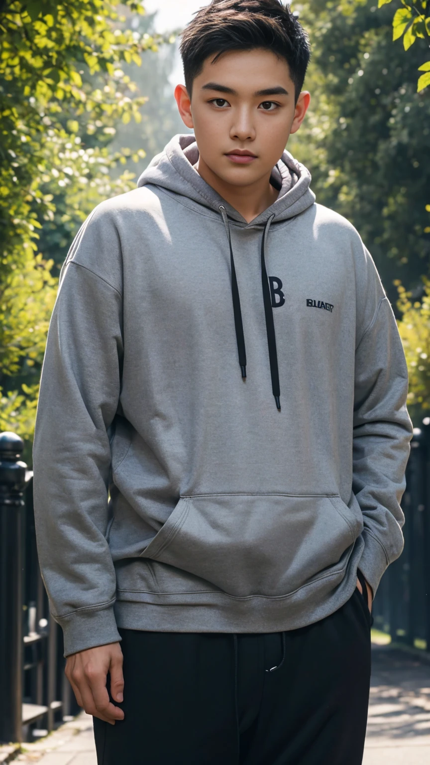 - Top quality, friendly faced man, , plump body, black hoodie, grey trousers, standing casually, Shooting in the park, Natural lighting, Berry Shortcut