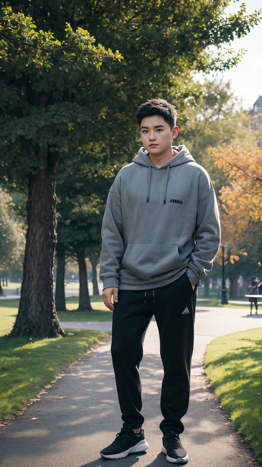 - Top quality, friendly faced man, baby face, plump body, black hoodie, grey trousers, standing casually, Shooting in the park, Natural lighting, Berry Shortcut