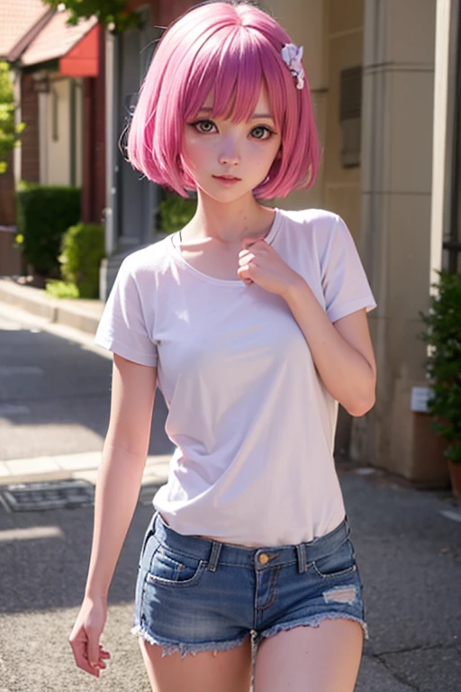 momodevilluke, momo deviluke, demon tail, hair flower, hair ornament, (purple eyes:1.1), pink hair, short hair, tail, smile,
BREAK demon tail, casual wear,
BREAK looking at viewer, (cowboy shot:1.5),
BREAK (masterpiece:1.2), best quality, high resolution, unity 8k wallpaper, (illustration:0.8), (beautiful detailed eyes:1.6), extremely detailed face, perfect lighting, extremely detailed CG, (perfect hands, perfect anatomy),