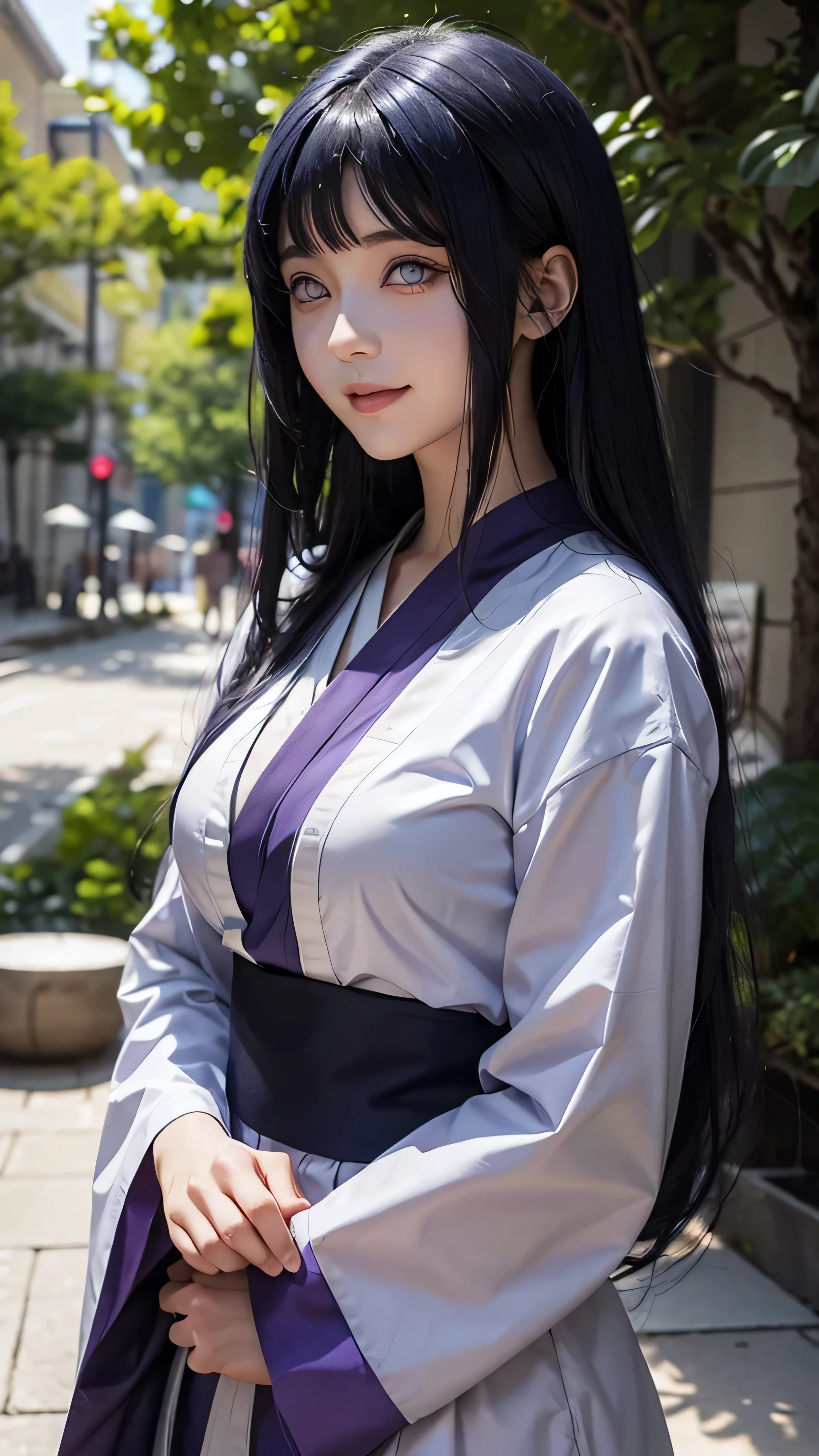  female hyuga hinata in anime naruto, long hair, dark blue hair, white eyes, smile, beautiful, purple clothes, Normal breast, realistic purple clothes, detail clothes, outdoor background, ultra detail, realistic