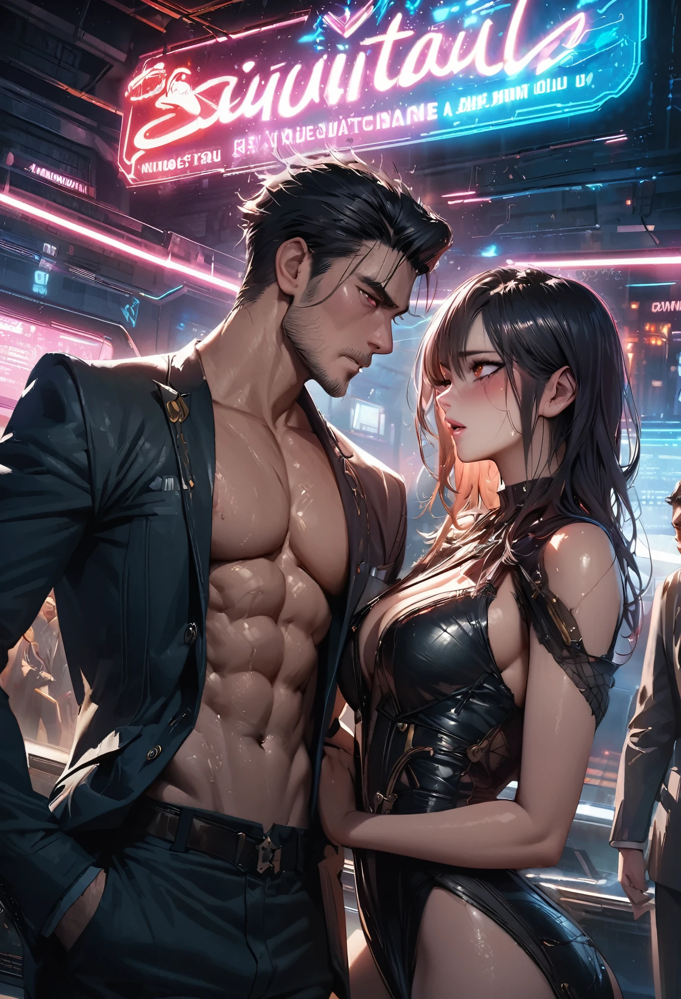 masterpiece, best quality, novel illustration, highres,
innovative, steam-punk, sci-fi world, industrial design,
cool neon lights, futuristic station, busy station scene,
handsome man, dapper suit, sleek lines, defined abs,
sharp eyes, imposing presence, charismatic,
smoking hot novel, intense romance, passion,
sexy and dangerous, exciting plot twist, suspenseful,
dazzling artwork, intricate details, realistic textures,
authentic emotion, raw passion, gripping storyline,
sensuality, seductive charm, intoxicating,