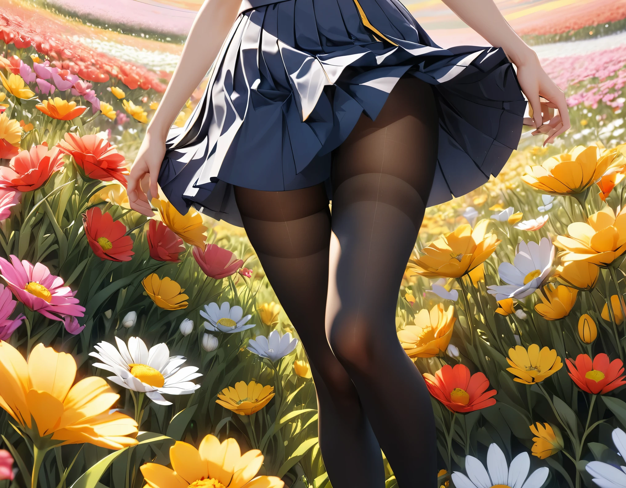 (masterpiece), (best quality), (Very detailed),Black pantyhose, skirt, long legs, permanent, Flower Field, Octane Render,