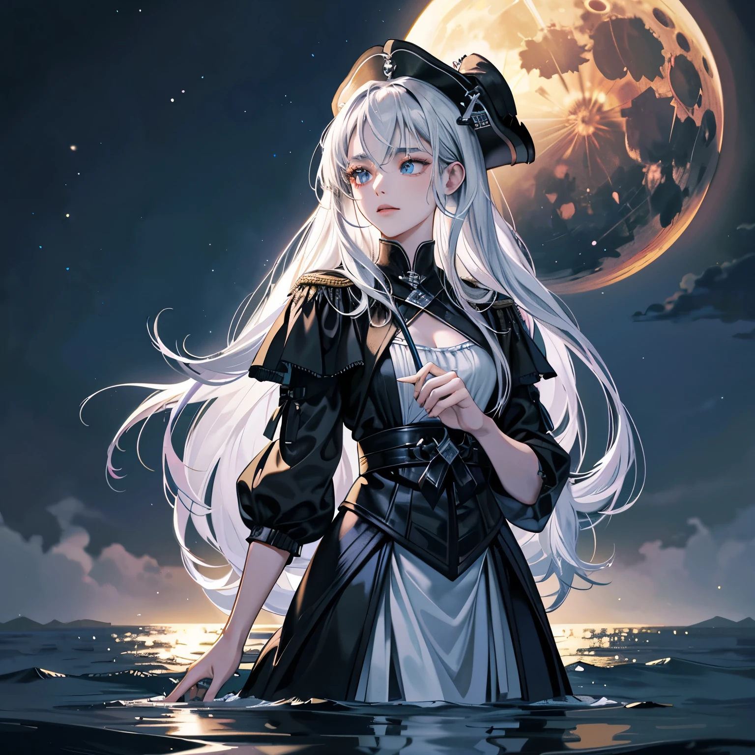 Moon, a tall and wise woman shrouded in mystery, stood gracefully on the endless shore of the black ocean. Her pale silhouette was illuminated by the moonlight. In her hand, she held a sword made of ice that looked like a work of art. Her face, full of expression and depth, was like a silhouette appearing from the center of darkness. Her eyes are the reflection of the moon, reflecting the realization of suffering. One eye shows a highly visible scar. Her thin eyebrows add expression, and her long, flowing bright silver hair, waterfalling over her shoulder, contrasts with the dark background. She wore the masculine garb of a pirate captain. A silver ring shone on her finger.