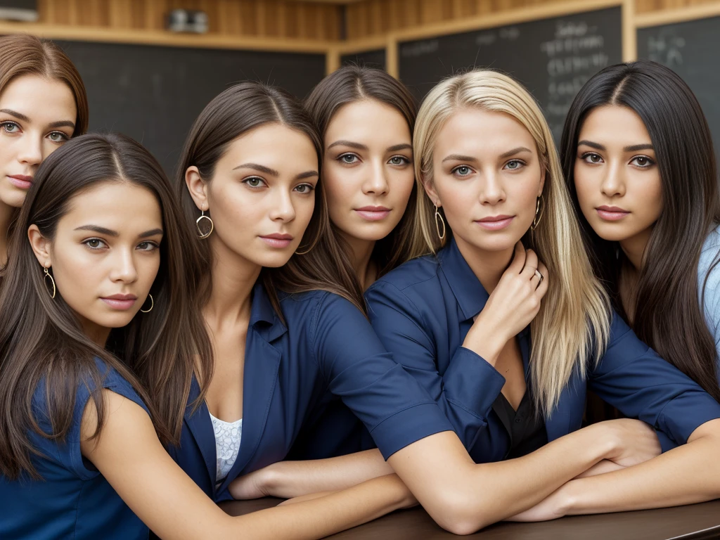 (best quality), realistic hands, (masterpiece:1.2), wide angle photo, full body photo, group photo, 5 women schoolwomen, 56 years old, faces marked by age, guilty faces, skin imperfections, acne, chapped lips, sad wistfully, diverse ethicities: ebony, black, white, nordic, indian, diverse hair colors: redhead, blonde, afro, twin braids, heavy freckles, pale skin, makeup, earings, crowded classroom, morning, school, crowd of people, school uniforms, unbottoned blue shirts, tight shirt, alluring pose, black stockings, open jacket, sexy neckline, large neckline, 16k, photorealistic, real photo, nikon d800, (YES SFW)