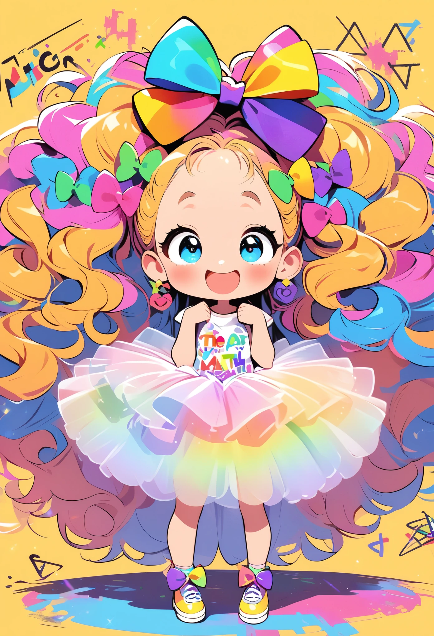 Cartoon，The art of math，Graffiti hand drawn style：1 cute  girl，big eyes，curls，Oversized hair bow，Tutu，Cute expression，Colorful，Rich colors