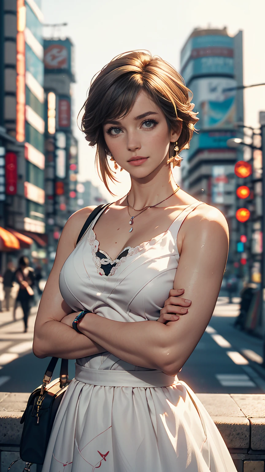 landscape, summer, sun, Tokyo, building, unmanned, Nobody, Hot Weather, blue sky, HD detailed, Super detailed, movie, Hyperrealism, Soft Light, Deep focus bokeh, Ray Tracing, gwise on pixiv art station, makoto shinkai, art germ、A well-proportioned white woman、Arms crossed、Large chest