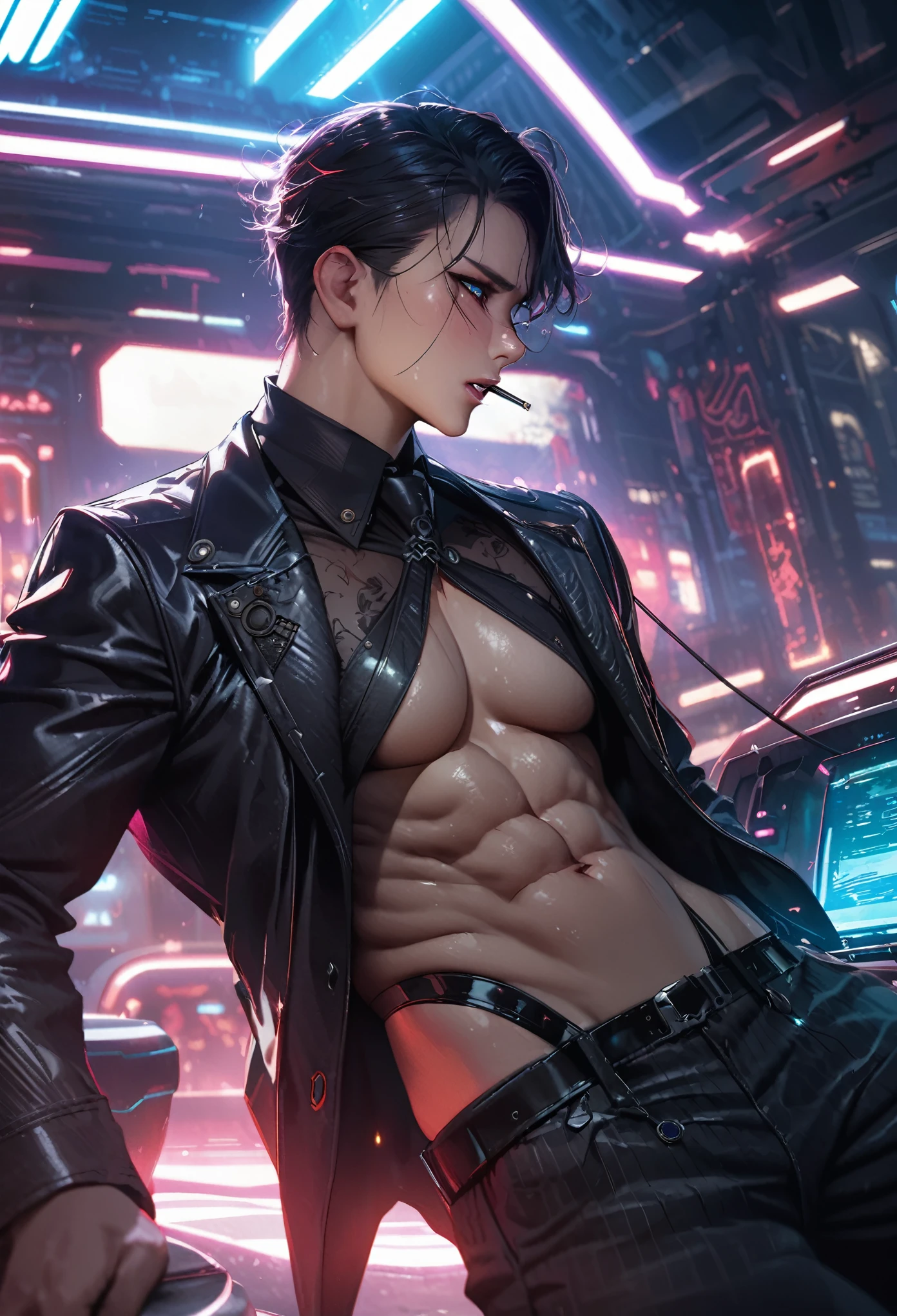 masterpiece, best quality, novel illustration, highres,
innovative, steam-punk, sci-fi world, industrial design,
cool neon lights, futuristic station, busy station scene,
handsome man, dapper suit, sleek lines, defined abs,
sharp eyes, imposing presence, charismatic,
smoking hot novel, intense romance, passion,
sexy and dangerous, exciting plot twist, suspenseful,
dazzling artwork, intricate details, realistic textures,
authentic emotion, raw passion, gripping storyline,
sensuality, seductive charm, intoxicating,
