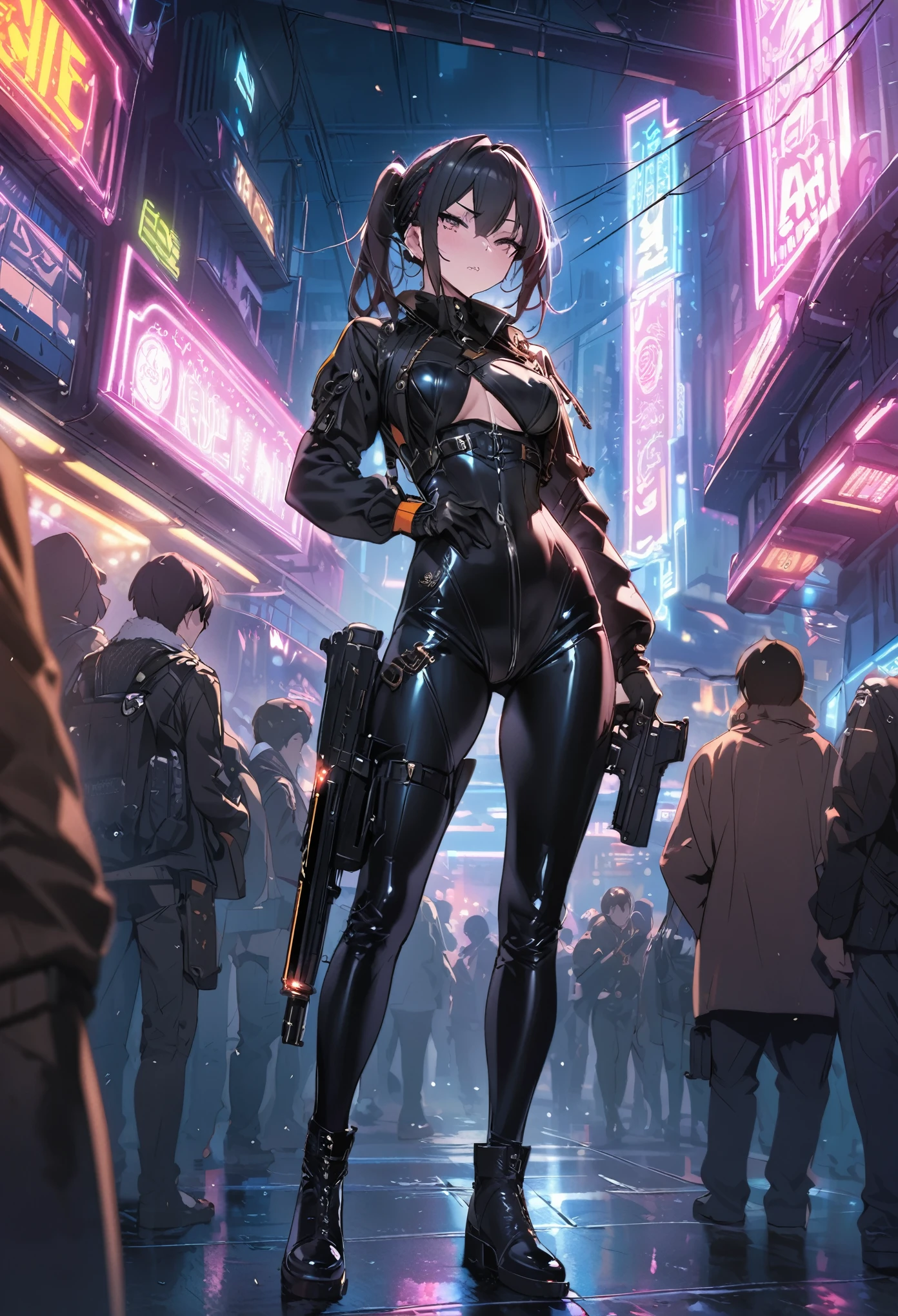 masterpiece, best quality, novel illustration, highres, 18+ content warning, steam-punk meets sci-fi, rubber suit, neon lights glowing, station platform crowded, main character male, shoots weapon, alluring neon-glow, steam-punk world, gothic atmosphere, sensuality of the scene, male protagonist with gun, station scene, neon sign, glittering neon cityscape, crowd of people.