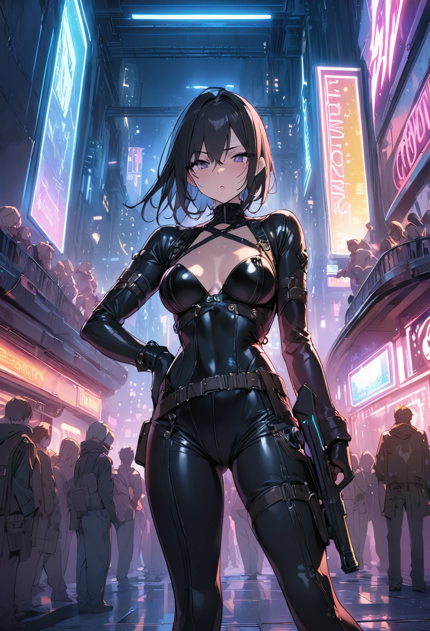 masterpiece, best quality, novel illustration, highres, 18+ content warning, steam-punk meets sci-fi, rubber suit, neon lights glowing, station platform crowded, main character male, shoots weapon, alluring neon-glow, steam-punk world, gothic atmosphere, sensuality of the scene, male protagonist with gun, station scene, neon sign, glittering neon cityscape, crowd of people.