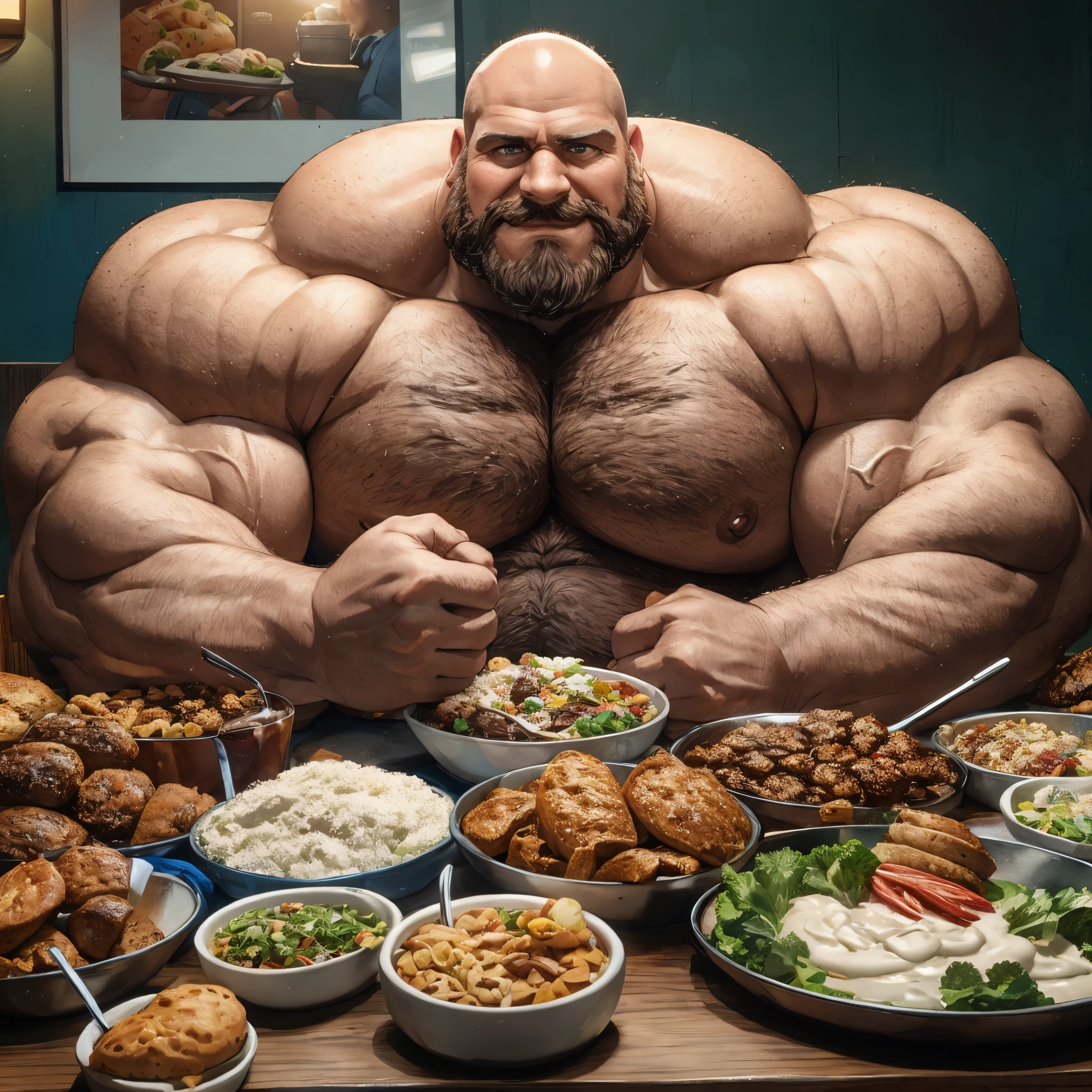 huge muscular old man, bald, food, bulky, chubby face, brown beard