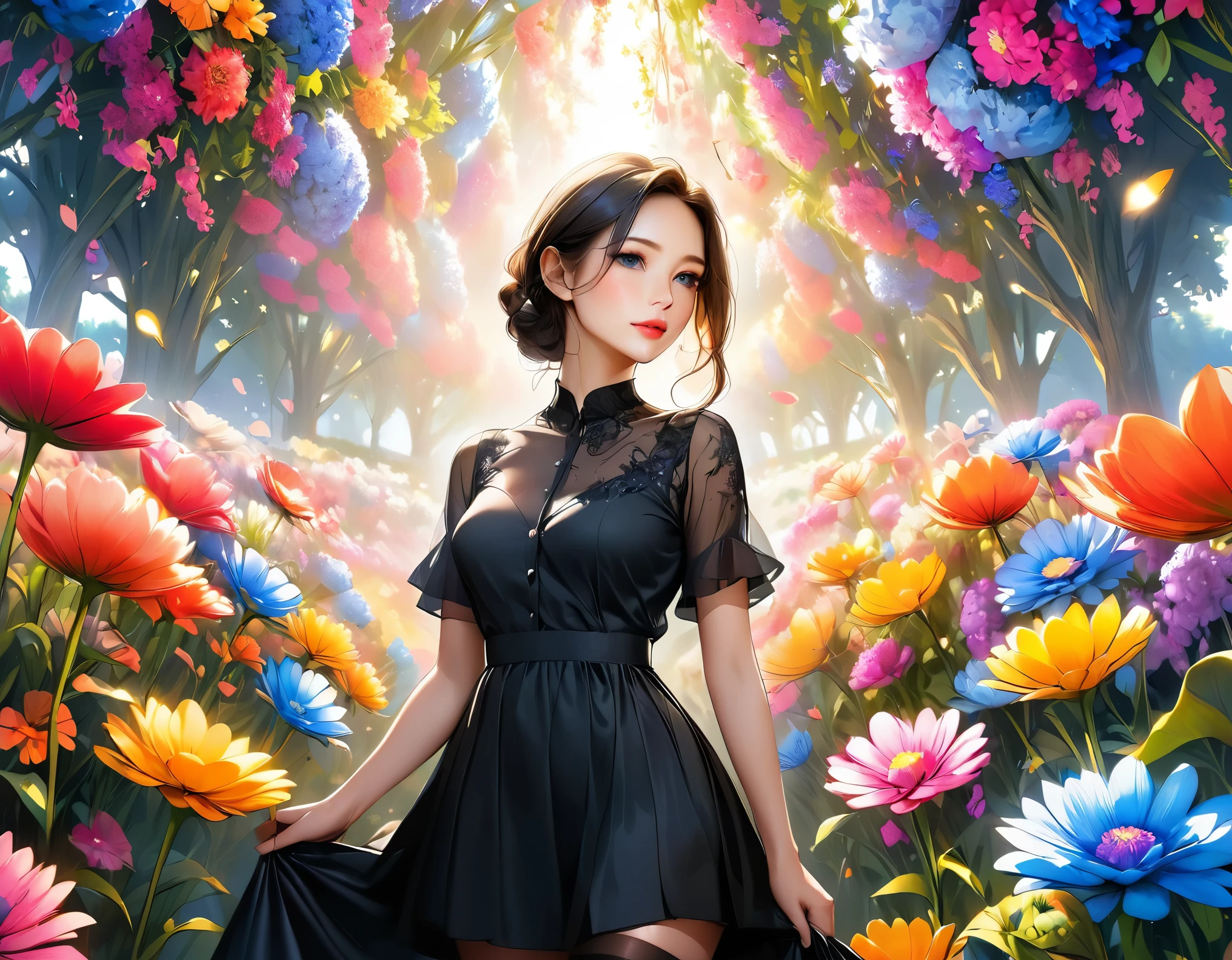 An extremely detailed masterpiece, showcasing a woman wearing a permanent black dress with black stockings. The image is of the highest quality, with a resolution of 4k or 8k, capturing the intricate details of the scene. The woman is standing in a vibrant flower field, with a vast array of colorful flowers surrounding her. The flowers create a beautiful backdrop, with their vivid colors contrasting against the deep black dress. The light gently illuminates the scene, casting a soft glow on the woman's face and highlighting the delicate features of her eyes, nose, and lips. The scene exudes a sense of tranquility and elegance, with the woman standing confidently among the flowers. The overall color tone is rich and vibrant, adding to the visual impact of the image. The image is rendered in a photorealistic style, resembling a beautifully captured photograph.