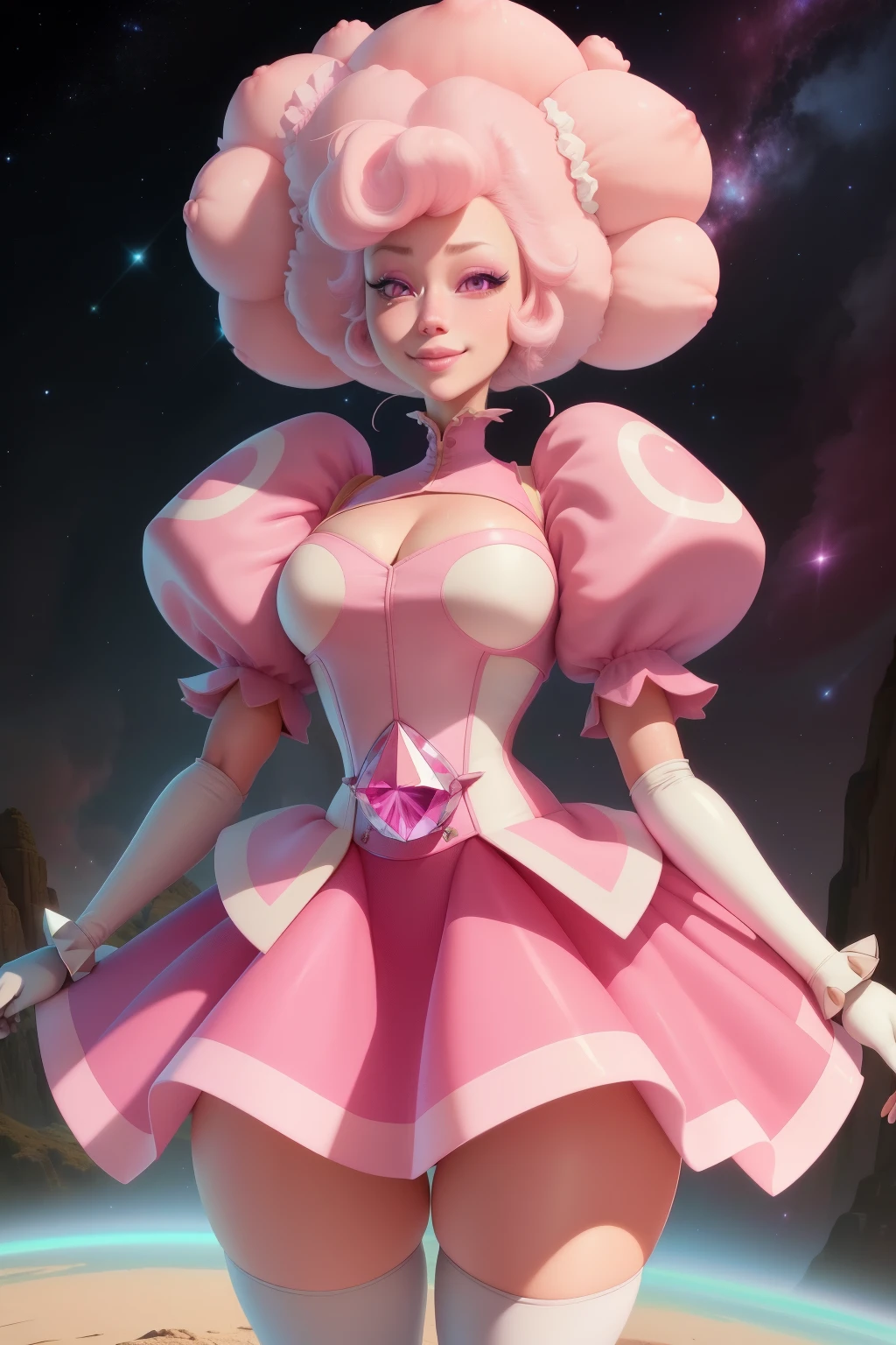 pnkdamond, pink hair, pink eyes, big hair, stomach gem, pink skin, toned,
puffy short sleeves, elbow gloves , white thighhighs, puffy dress,
standing, upper body,
outerspace,
(insanely detailed, beautiful detailed face,beautiful detailed eyes, masterpiece, best quality) cinematic lighting, smile,