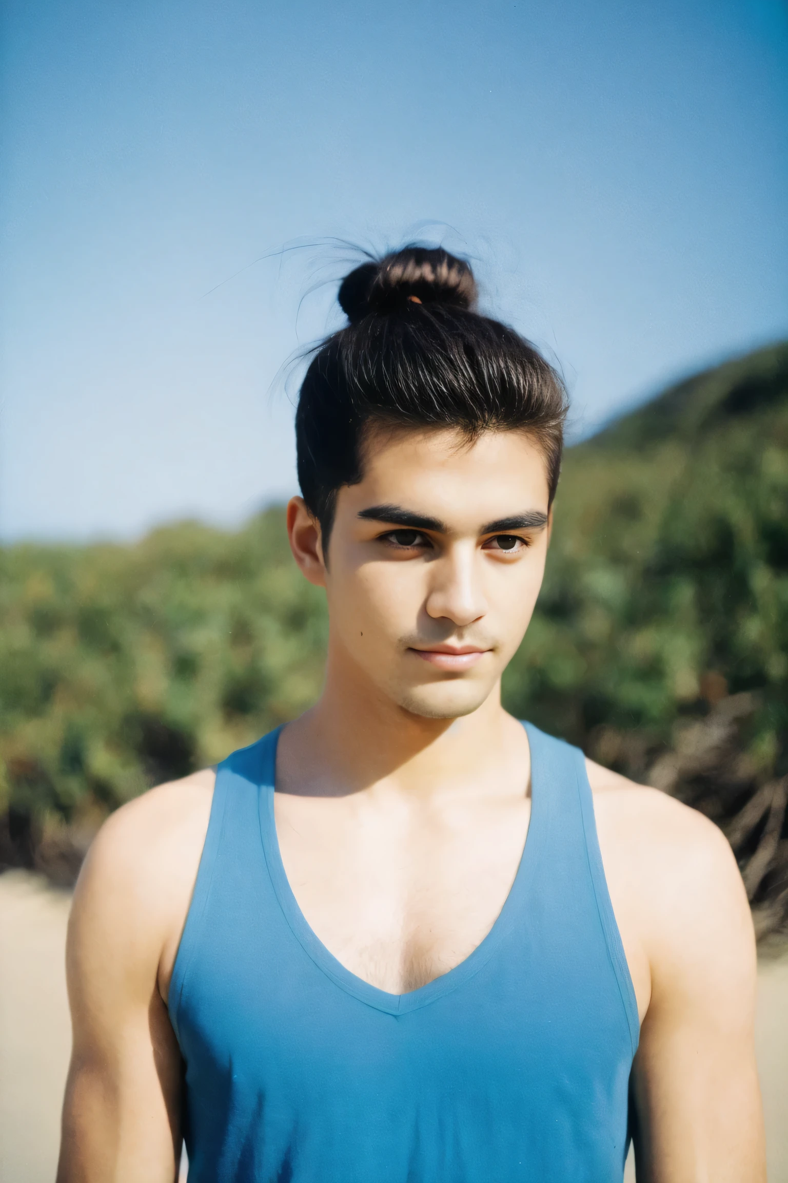 analog photography ,raw,photo ,handsome men bun hairstyle,beach paradise
