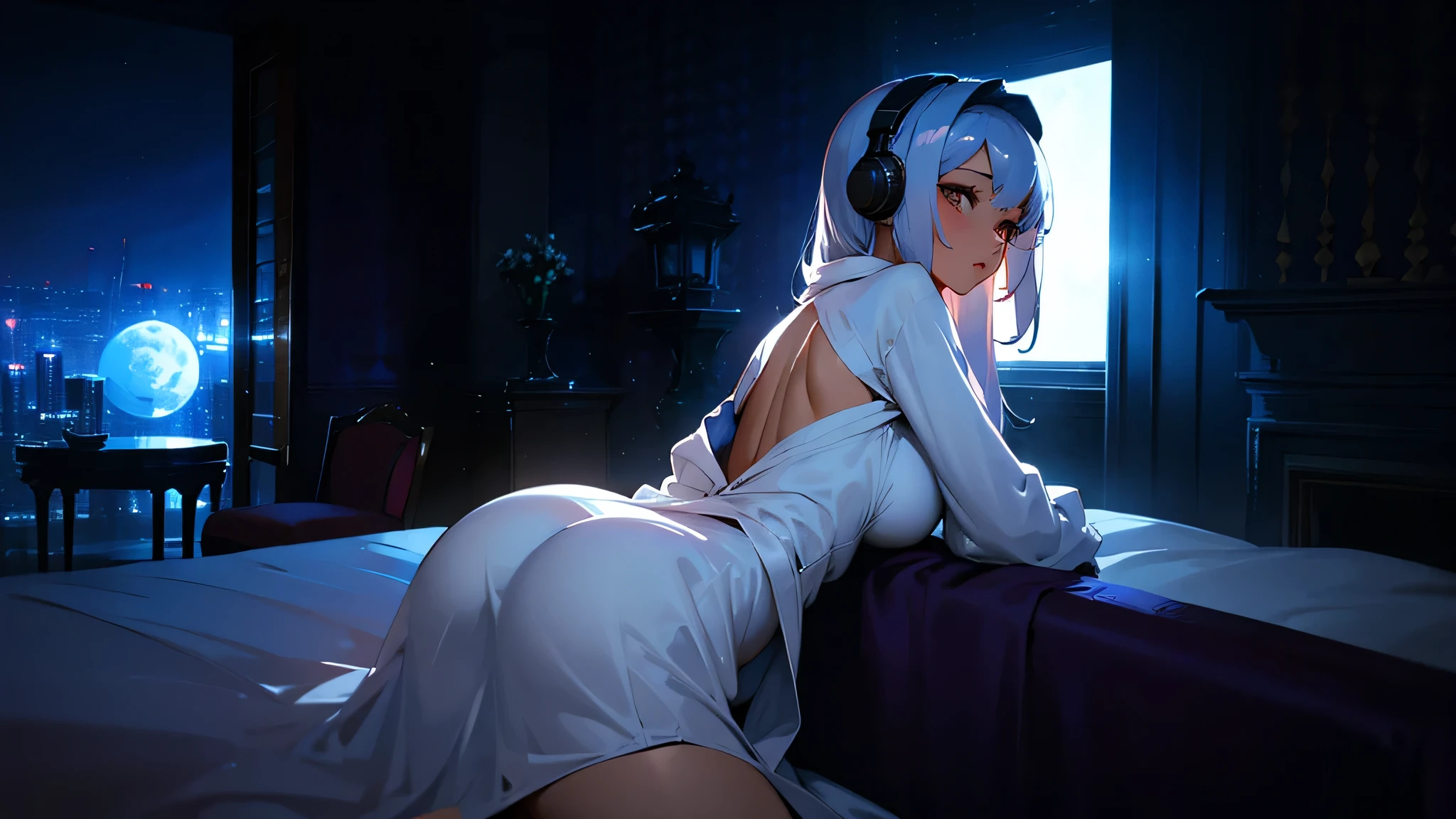 A woman wearing a white bathrobe and headphones is lying on her bed、A beautiful night view behind、Big Breasts、sexy、Room with a night view、Moonlight、Unbuttoned、Beautiful woman looking back、Butt、Beautiful buttocks、Downlight、full moon、Stylish room with fireplace、Silver Hair、Half naked