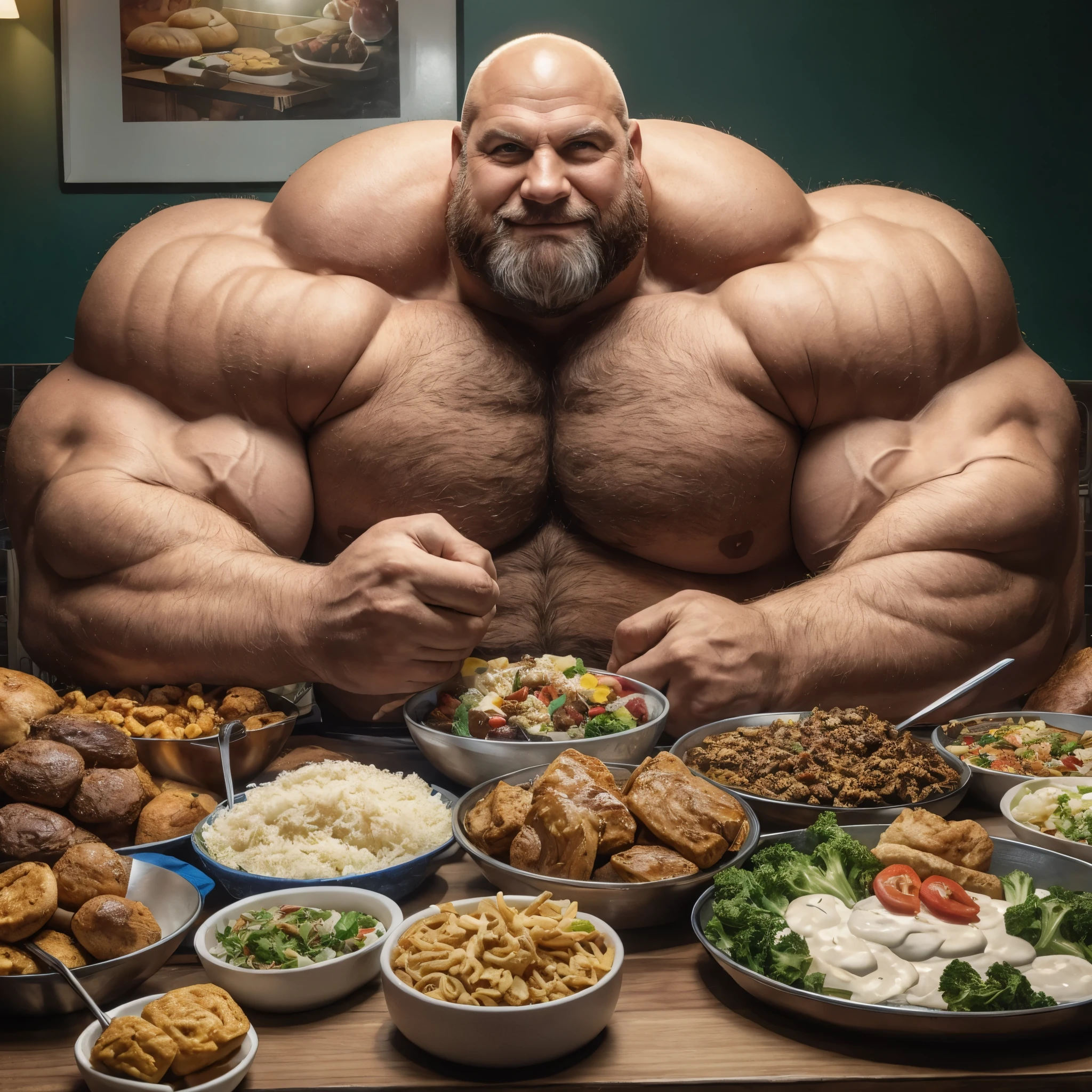 huge muscular old man, bald, food, bulky, chubby face, brown beard