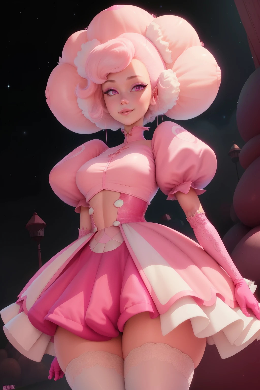 pnkdamond, pink hair, pink eyes,  big hair,  stomach gem,  pink skin,  toned, 
puffy short sleeves, elbow gloves ,  white thighhighs,   puffy dress, 
standing, upper body, 
 outerspace,  
(insanely detailed, beautiful detailed face,beautiful detailed eyes, masterpiece, best quality) cinematic lighting,  smile, 
 