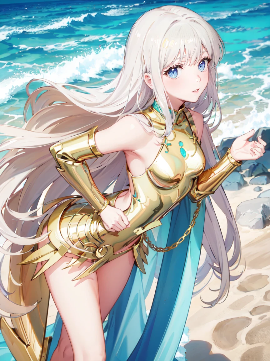 woman,Full body photo, Full Body Shot,((on the beach. ))) Best image quality, high quality, The background is clear，きれいなwoman, Japanese, detailed, detailed eyes, detailed skin, Beautiful Skin, 超High resolution, (reality: 1.4),とても美しいwoman, A little younger face, Beautiful Skin, thin, (Ultra-photorealism), (High resolution), (8k), (非常にdetailed) (Beautiful and detailed eyes), (非常にdetailed), (detailed face), Displaying the viewer, Fine details, detailed face, Staring straight ahead, Staring straight ahead, Photo Real, Baby Face,Hairstyle: long hair,smile,(((Saint Seiya、Gold Armor、Gold Cross)))(Flat chested,)(((flat chests,)))((smile,))hair over one eye, from below,Are standing、(((Butt)))、