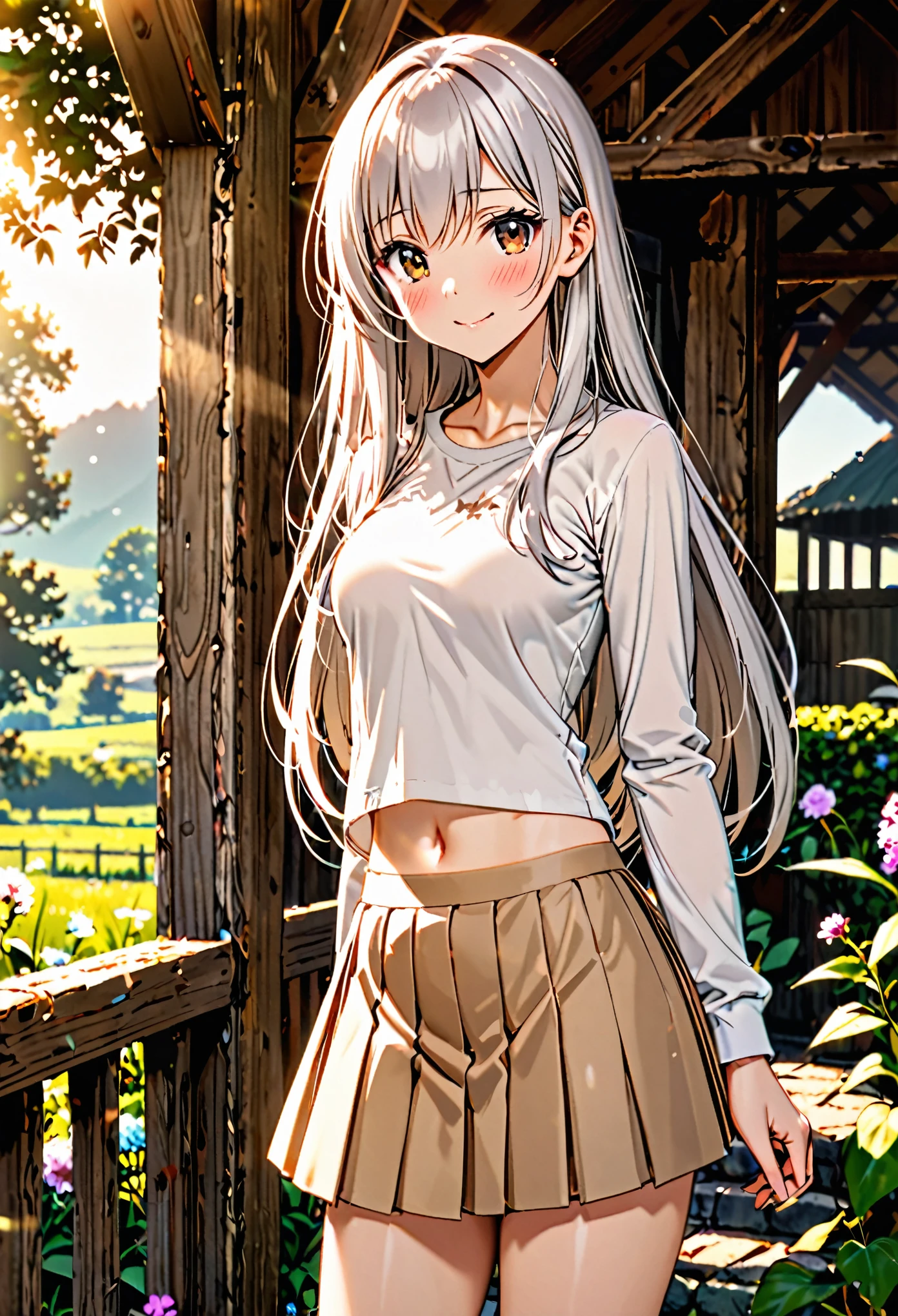 1 female,The perfect 25 years old,((ideal ratio body proportions:1.5,small head:1.7)),(tan skin),((high quality anime, 8k,masterpiece,Perfect Anatomy)),(beautiful detailed face and eyes,gorgeous eye:1.3,Almond Eyes), BREAK ,brown eyes, BREAK ,female knight、(silver hair),Straight long hair,bangs,shy,blush,smile, BREAK ,cowboy shot,medium breasts,slender body,skinny, BREAK ,A simple ecru T-shirt、Long sleeve、navel, Beige pleated mini skirt、 BREAK ,Fantasy World、Simple rural area、sunlight、