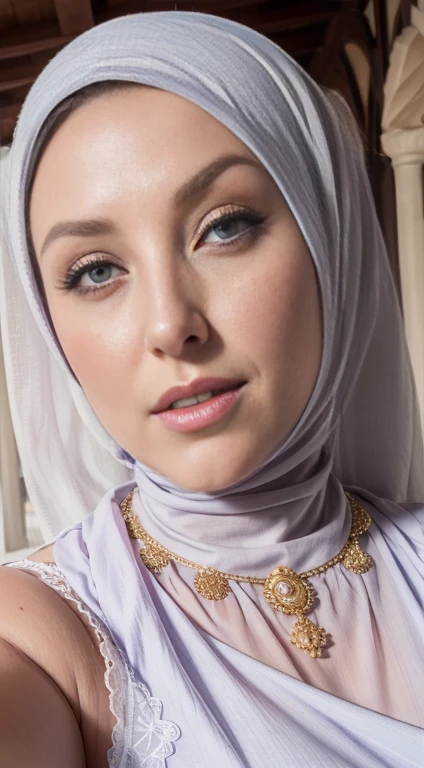 ( Close Up),RAW, Best quality, high resolution, masterpiece: 1.3), beautiful white woman in hijab,Masterpiece, perfect fit body, white skin, green eyes, glowing big eyes, red lips, warm smile, pink cheeks, big breast,big gorgeous eyes, Soft smile,beutiful face,thick thighs, full body, woman in a purple hijab taking a picture of herself, long dress female, wonderful masterpiece, very beautiful islamic white style, full covered dress, detailed dress and face, somali, traditional beauty, beautiful masterpiece, very beautiful masterpiece,islamic blue dress, wearing a dress made of beads, modest flowing gown, traditional dress, great masterpiece, wearing an ornate outfit, long dress , (Delicate turtleneck) , shairband, afternoon walk, City garden, Excellent lighting, Bright colors, Clean lines,