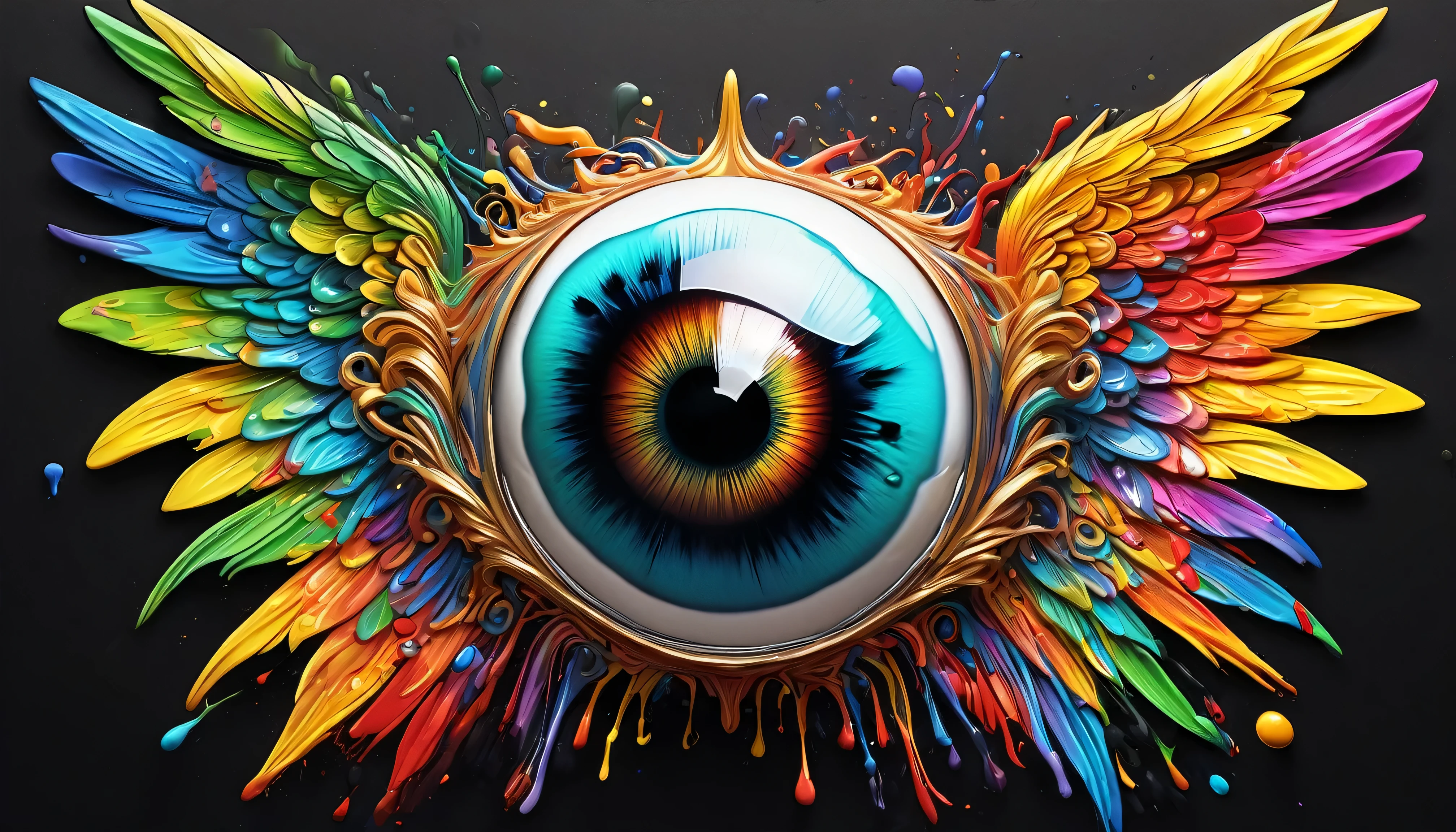 Splash art, ((a singular human eyeball with angel wings attached to the back)), ((black background)), piercing eyes, epic Instagram, artstation, colorful paint splash style, outline, hyperdetailed, engine unreal, fantastic, intricate details, splash screen, complementary colors, fantasy concept art, 8k resolution, deviantart masterpiece, oil painting, heavy strokes, paint drips, splash arts