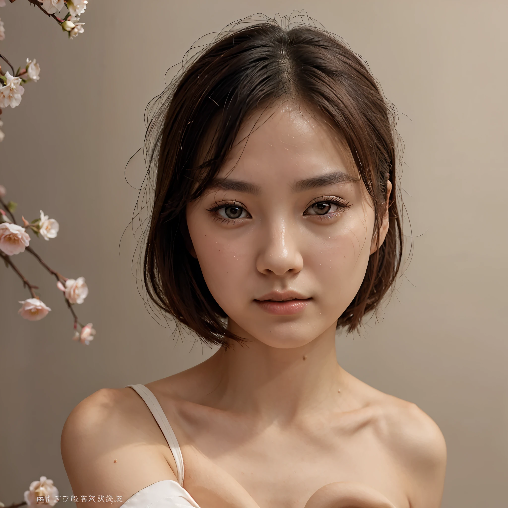 Gentle and charming Chinese beautiful woman, half-length photo, delicate and sexy collarbone, charming oval face, double eyelids, vivid peach blossom eyes, pink lips, small nose, bare shoulders, focused face, face close-up, ultra-high-definition, Super details, elegant standing posture, Korean style puff sleeve square collar slim short shirt, matched with high waist light-colored jeans suit