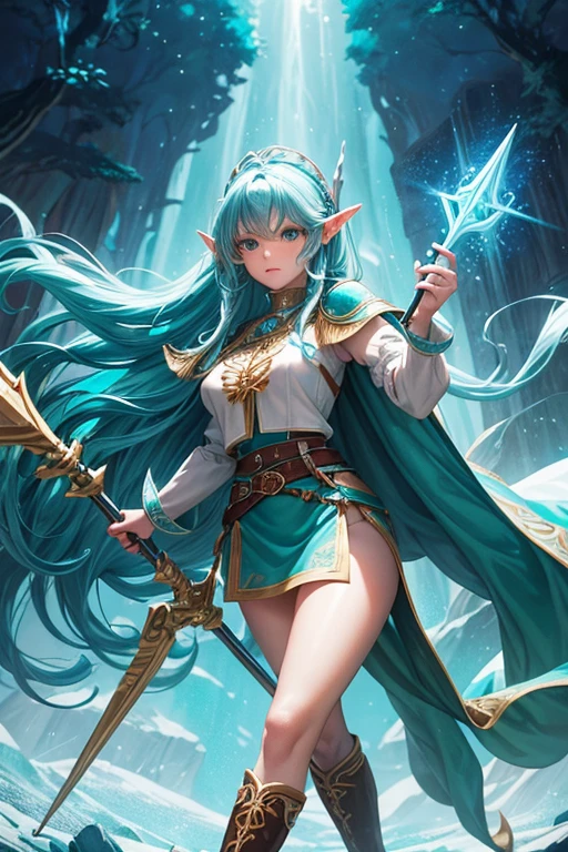 30 year old elf woman with long curly spiky bluish turquoise hair, long messy hairstyle with fringes, pointed elf ears, white medieval priestess armor clothing with light turquoise trim, turquoise eyes holding a spear and trident , brown boots, brown leather belt, wavy trim. the belt, forest background with magic symbols