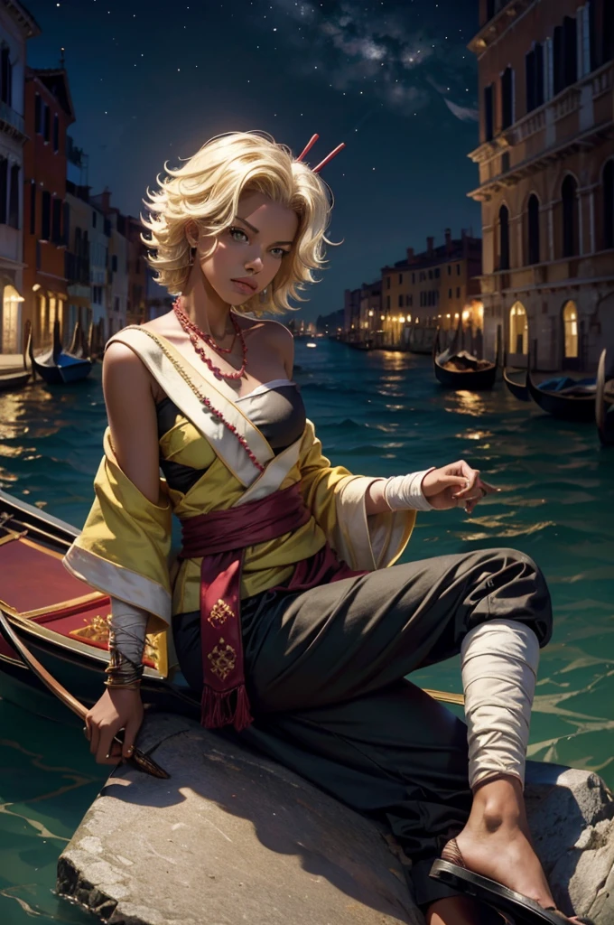 arslanaltan, 1girl, blonde hair, short hair, green eyes, dark skin, brown skin, hair ornament, sash, baggy pants, bandages, bare shoulders, necklace, (Masterpiece, Best Quality, Highres:1.2), Detailed, Intricate Details, 4K, solo, full body, high rating, sitting in gondola, venice, italy, night, stars, moon closed mouth, serious look, serious expression, looking at viewer,