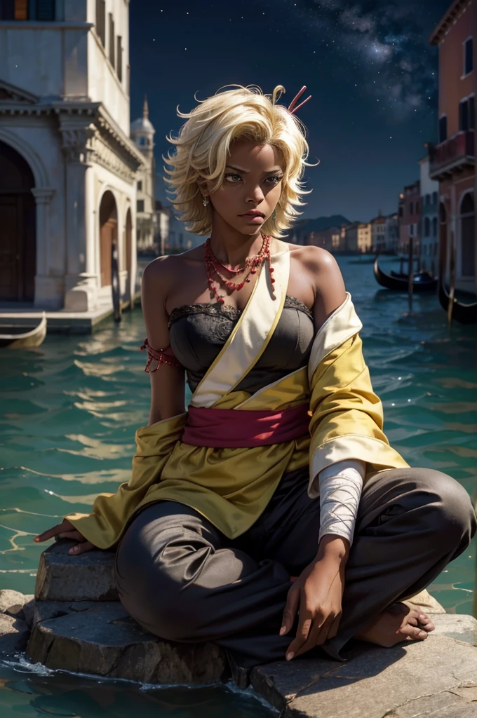 arslanaltan, 1girl, blonde hair, short hair, green eyes, dark skin, brown skin, hair ornament, sash, baggy pants, bandages, bare shoulders, necklace, (Masterpiece, Best Quality, Highres:1.2), Detailed, Intricate Details, 4K, solo, full body, high rating, sitting in gondola, venice, italy, night, stars, moon closed mouth, serious look, serious expression, looking at viewer,