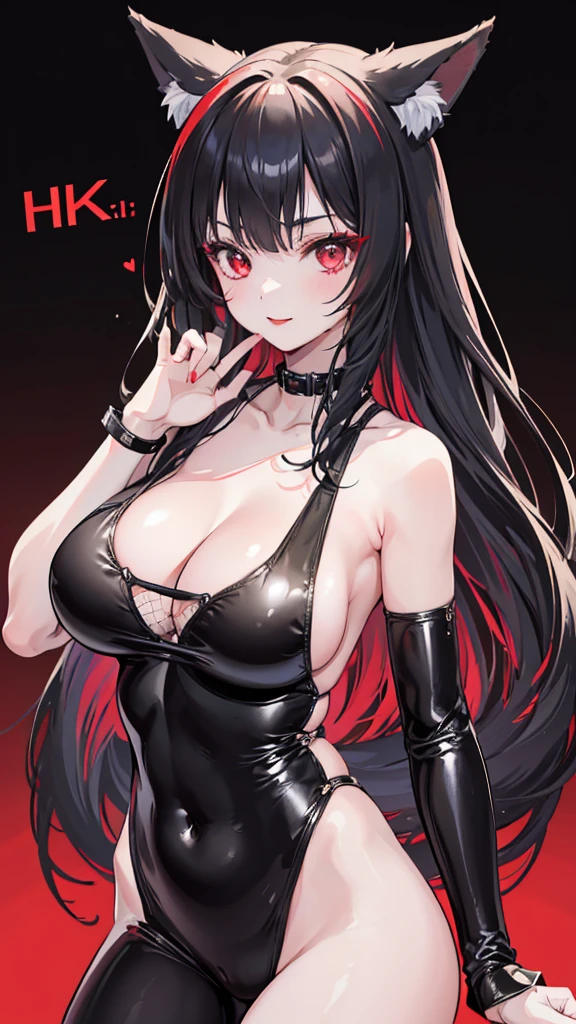 1 girl、kiss,Red lips,(8k、Highest image quality、best quality、masterpiece)、green bodysuit,Slim body,Large Breasts,Extremely detailed facial details, handcuffs,Collar,Calm expression,Red lips,Sweet smile,Black long hair, Charming red eyes, Fox ears, Ridiculously big, glowing skin,bar