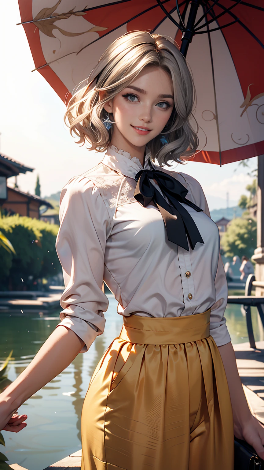 Claude Monet 、Bridges in Dolceacqua、Prill umbrella skirt、White woman in high-neck ribbon blouse、Silver Hair、blue eyes、Wavy hair、Smile