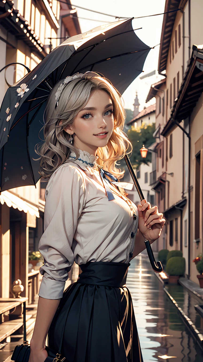 Claude Monet 、Bridges in Dolceacqua、Prill umbrella skirt、White woman in high-neck ribbon blouse、Silver Hair、blue eyes、Wavy hair、Smile
