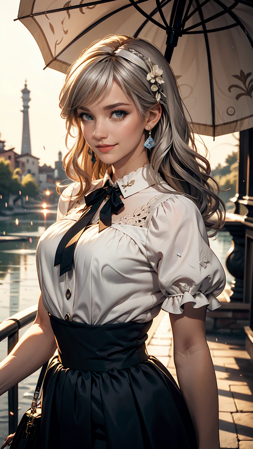 Claude Monet 、Bridges in Dolceacqua、Prill umbrella skirt、White woman in high-neck ribbon blouse、Silver Hair、blue eyes、Wavy hair、Smile