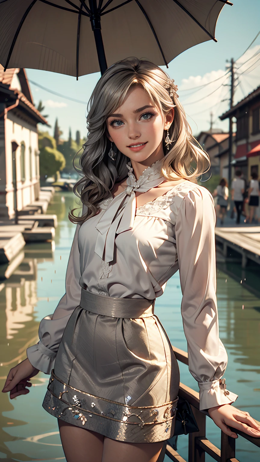 Claude Monet 、Bridges in Dolceacqua、Prill umbrella skirt、White woman in high-neck ribbon blouse、Silver Hair、blue eyes、Wavy hair、Smile