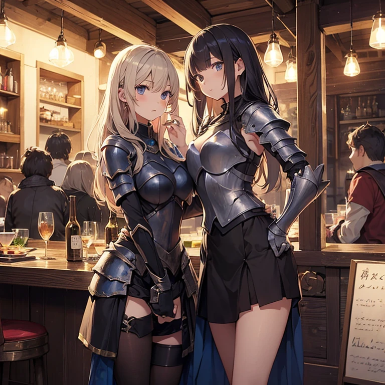 A group of young female knight, (in tavern), various hair styles, harem, wearing armored clothes, metal armor, night, details face, , short skirt, seducing, sword, sleeveless , night, starry night