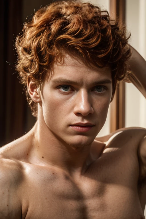 (best quality,4k,8k,highres,masterpiece:1.2),ultra-detailed,(realistic,photorealistic,photo-realistic:1.37),1 male model,albino skin color,red hair, curly red hair, showing armpits,sexy pose,serious face,slim muscular build, model is 17 years old, thick and strong bíceps, front fase photo