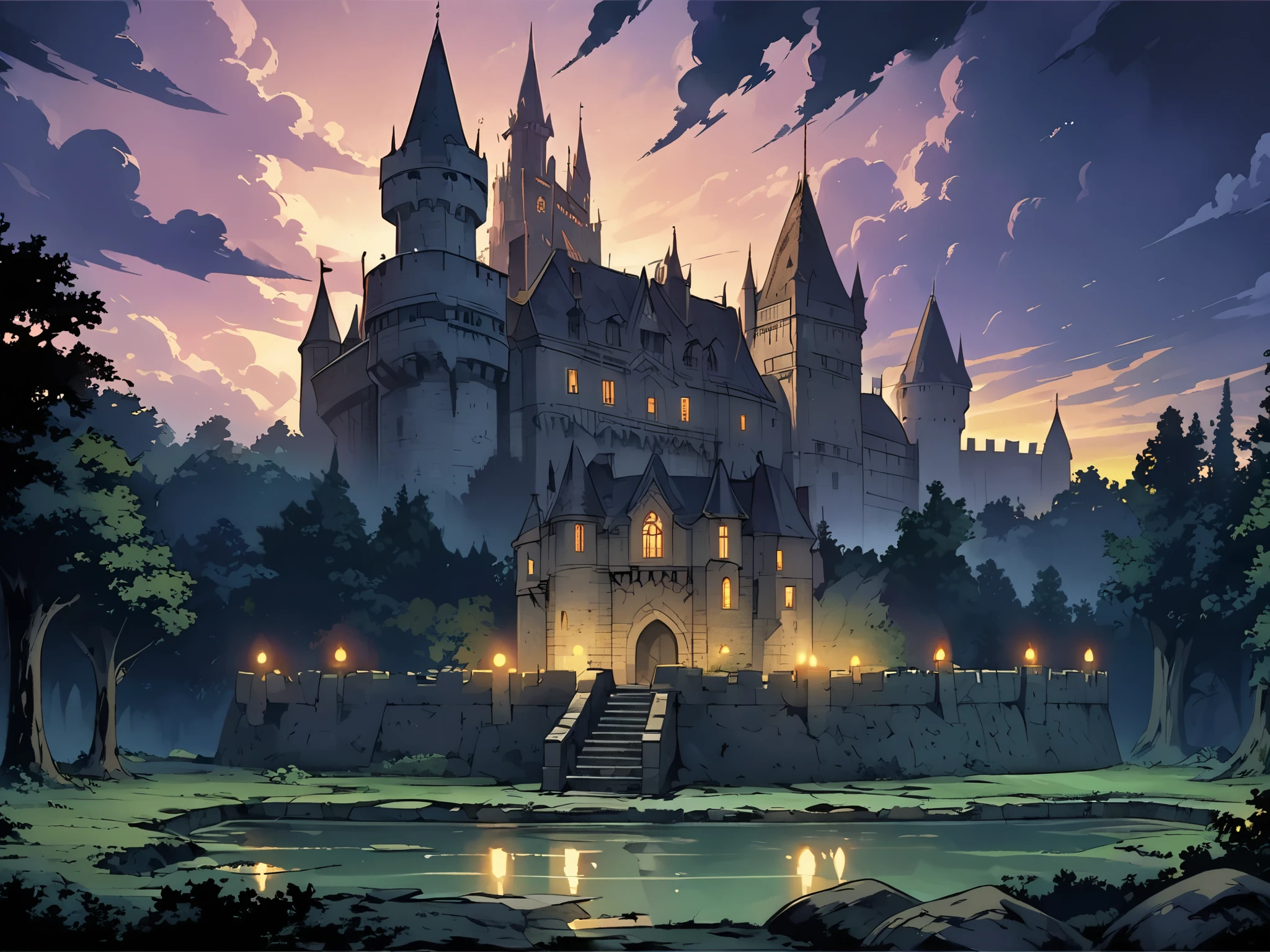A castle(European medieval castle),There is a moat around the castle,Night view。Mid-ground composition,Panorama pictures,Scene screen,Game concept art style,Anime illustration style,HD,4K。