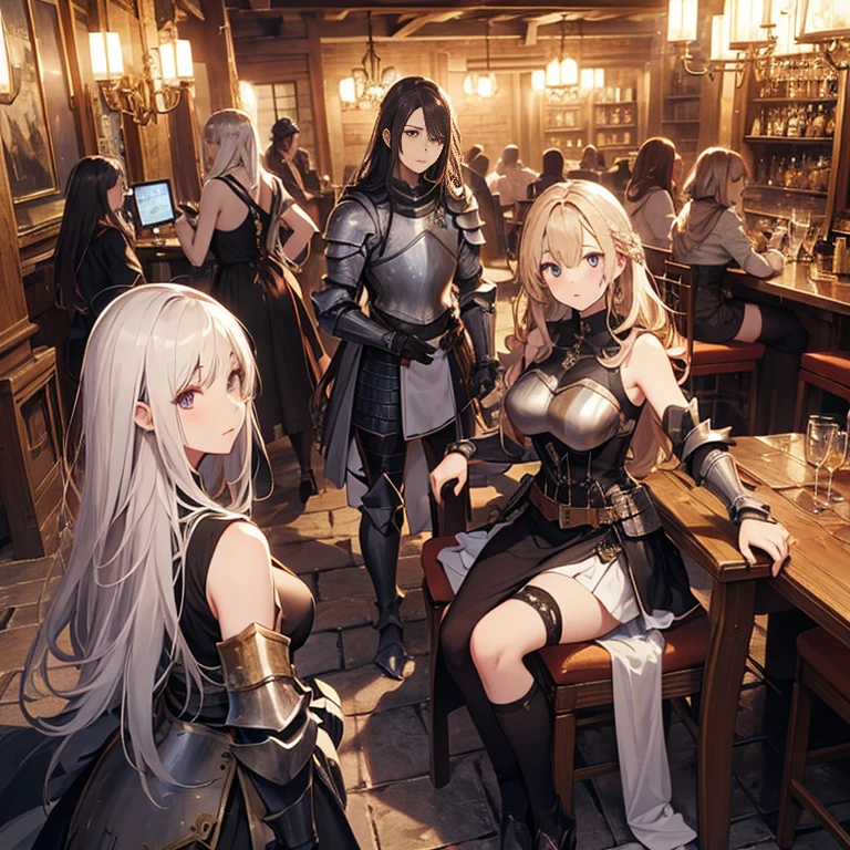 A group of young female knight, (in tavern), various hair styles, harem, wearing armored clothes, metal armor, night, details face, , short skirt, seducing, sword, sleeveless , night, starry night