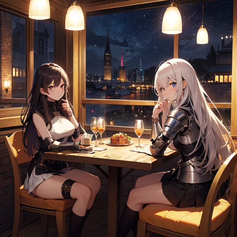 A group of young female knight, (in tavern), various hair styles, harem, wearing armored clothes, metal armor, night, details face, , short skirt, seducing, sword, sleeveless , night, starry night