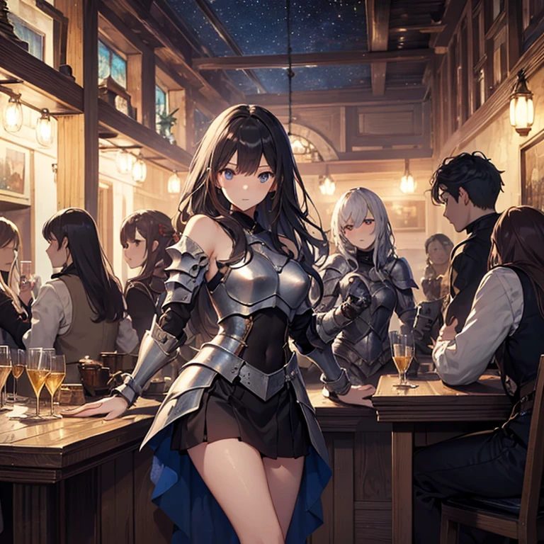 A group of young female knight, (in tavern), various hair styles, harem, wearing armored clothes, metal armor, night, details face, , short skirt, seducing, sword, sleeveless , night, starry night