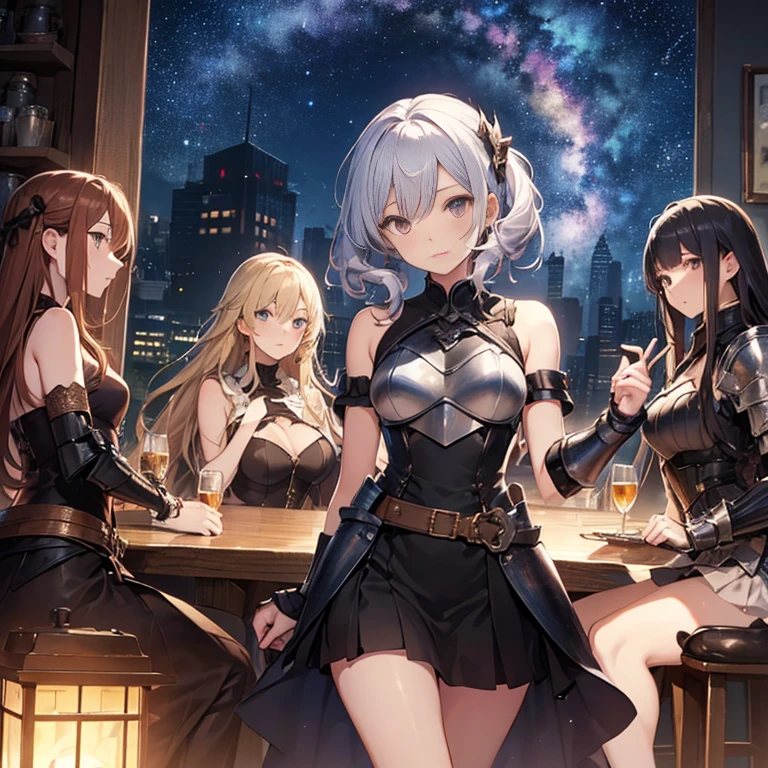 A group of young female knight, (in tavern), various hair styles, harem, wearing armored clothes, metal armor, night, details face, , short skirt, seducing, sword, sleeveless , night, starry night
