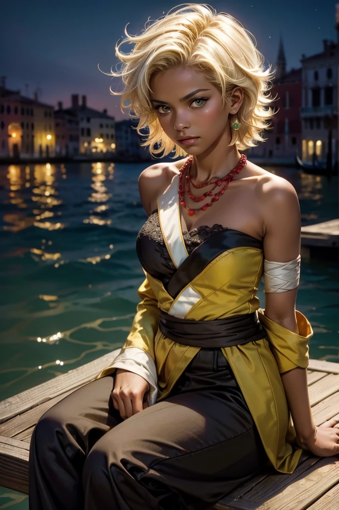 arslanaltan, 1girl, blonde hair, short hair, green eyes, dark skin, brown skin, hair ornament, sash, baggy pants, bandages, bare shoulders, necklace, (Masterpiece, Best Quality, Highres:1.2), Detailed, Intricate Details, 4K, solo, full body, high rating, sitting in gondola, venice, italy, night, stars, moon closed mouth, serious look, serious expression, looking at viewer,