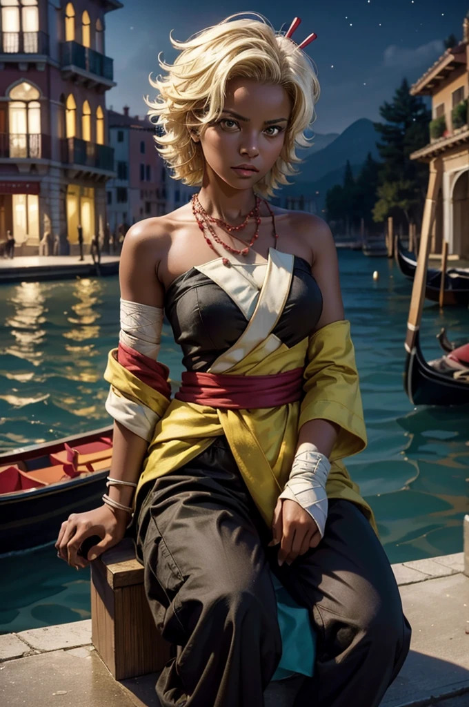 arslanaltan, 1girl, blonde hair, short hair, green eyes, dark skin, brown skin, hair ornament, sash, baggy pants, bandages, bare shoulders, necklace, (Masterpiece, Best Quality, Highres:1.2), Detailed, Intricate Details, 4K, solo, full body, high rating, sitting in gondola, venice, italy, night, stars, moon closed mouth, serious look, serious expression, looking at viewer,