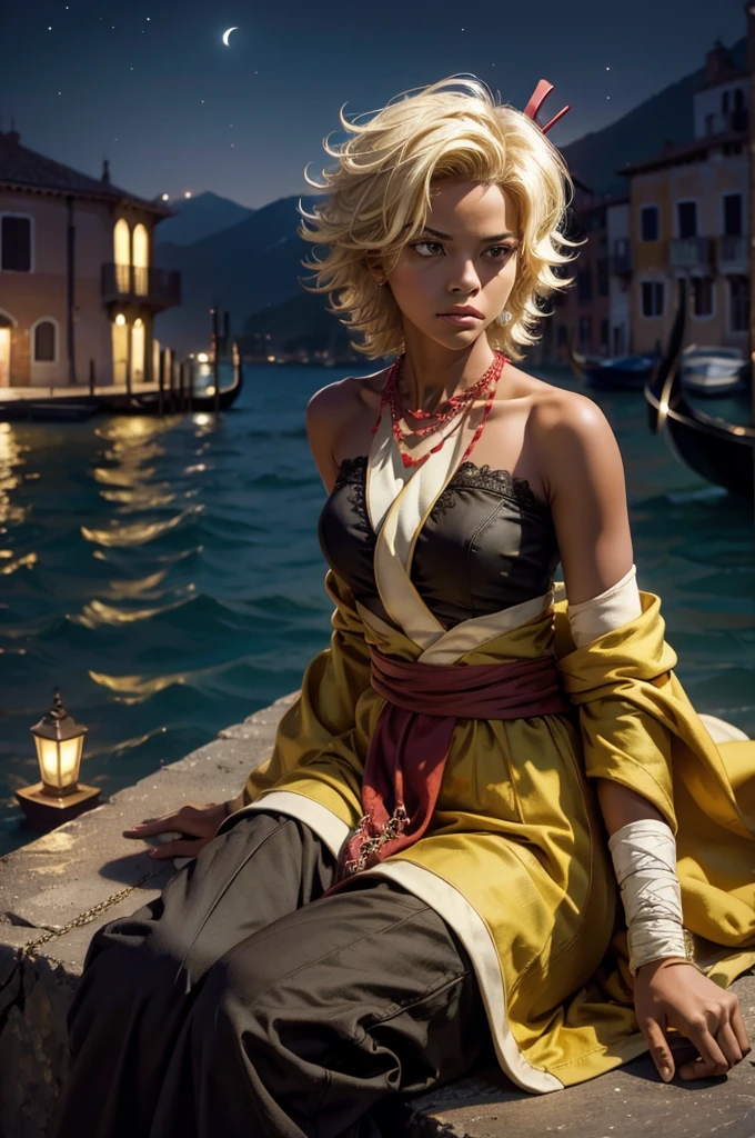 arslanaltan, 1girl, blonde hair, short hair, green eyes, dark skin, brown skin, hair ornament, sash, baggy pants, bandages, bare shoulders, necklace, (Masterpiece, Best Quality, Highres:1.2), Detailed, Intricate Details, 4K, solo, full body, high rating, sitting in gondola, venice, italy, night, stars, moon closed mouth, serious look, serious expression, looking at viewer,